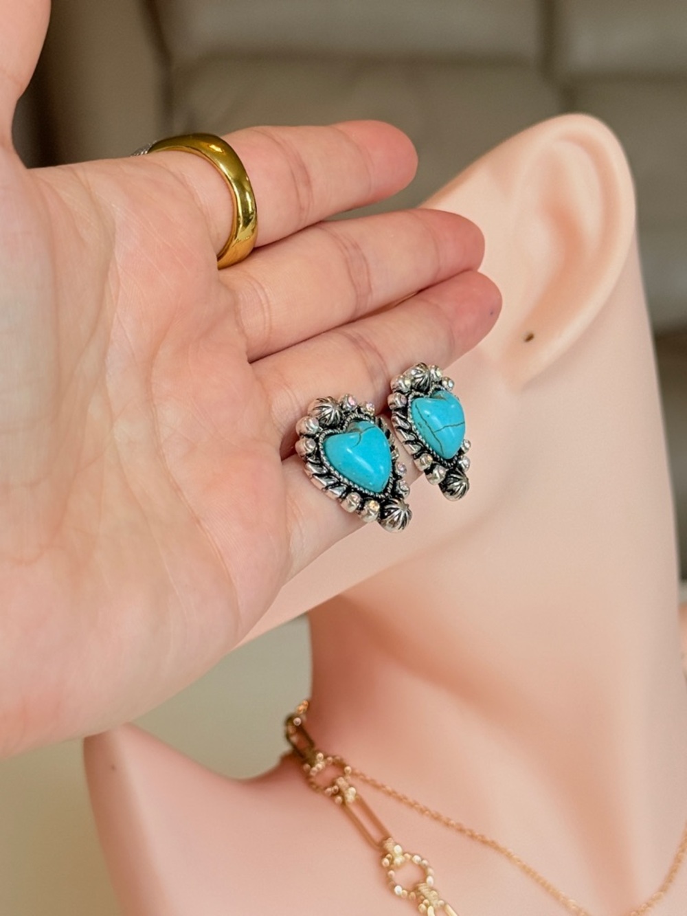 Turquoise Heart Stud Earrings - Picture 12 of 12